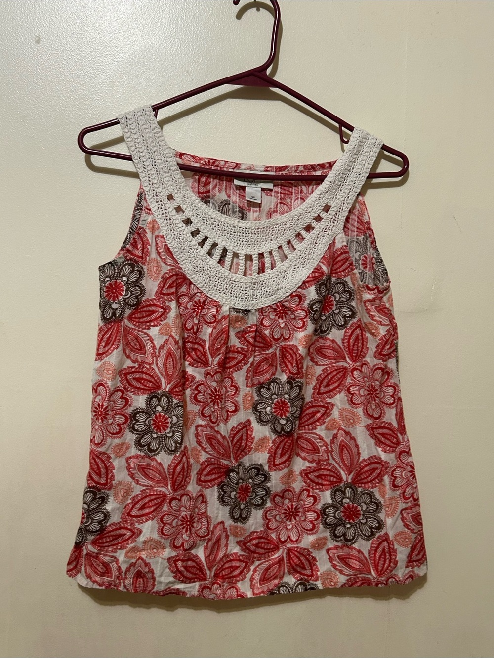 LOFT Crochet Yoke Floral Camisole - Red, White, Brown